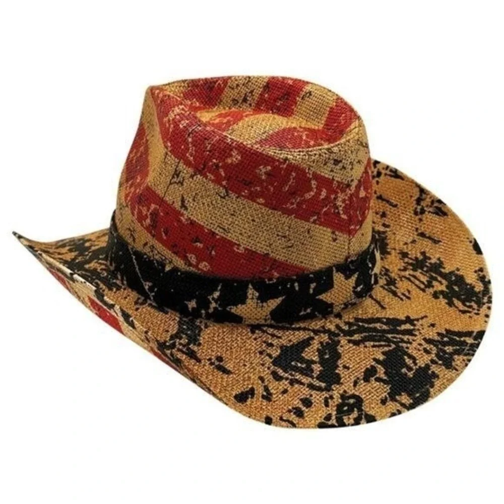 Tea Stained Paper Straw American Flag Fashion Cowboy Hat Vintage Look OS NWT
